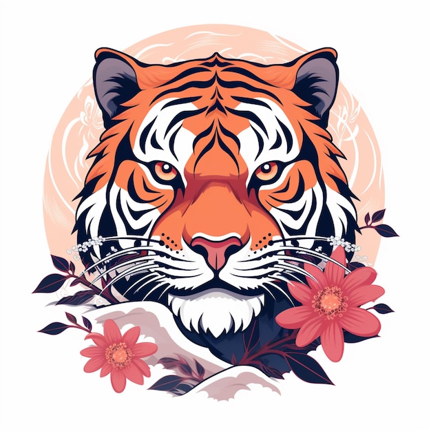 There is a tiger with flowers on its head and a pink background generative ai