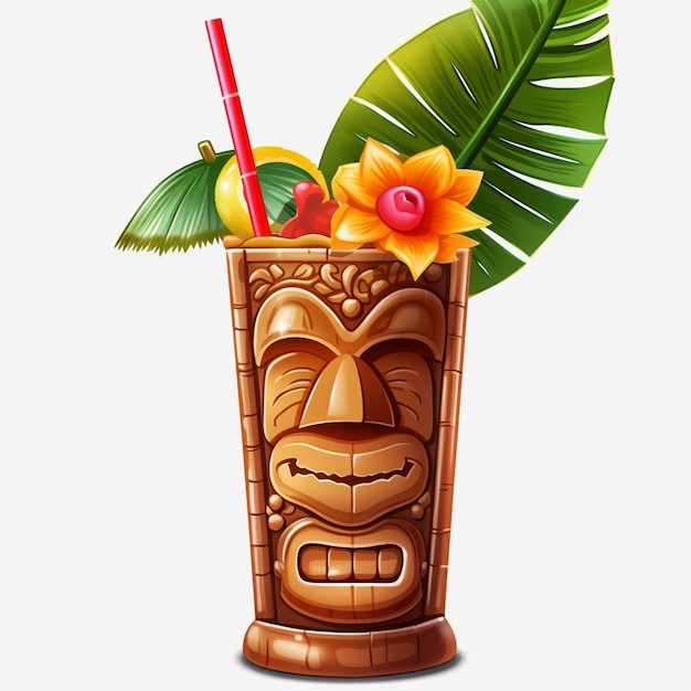 There is a tiki with a flower and a straw in it generative ai