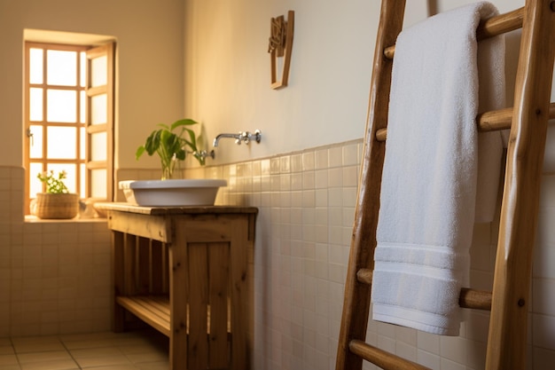 there is a towel rack in the bathroom with a sink and a window generative ai