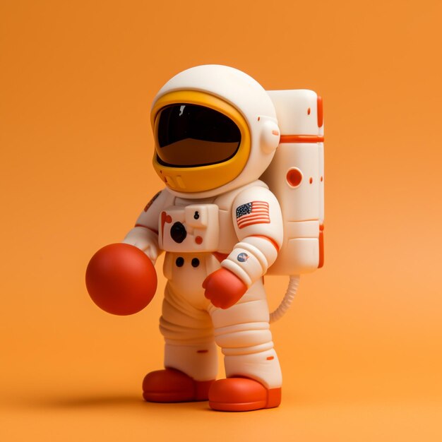 There is a toy astronaut with a red ball in his hand generative ai
