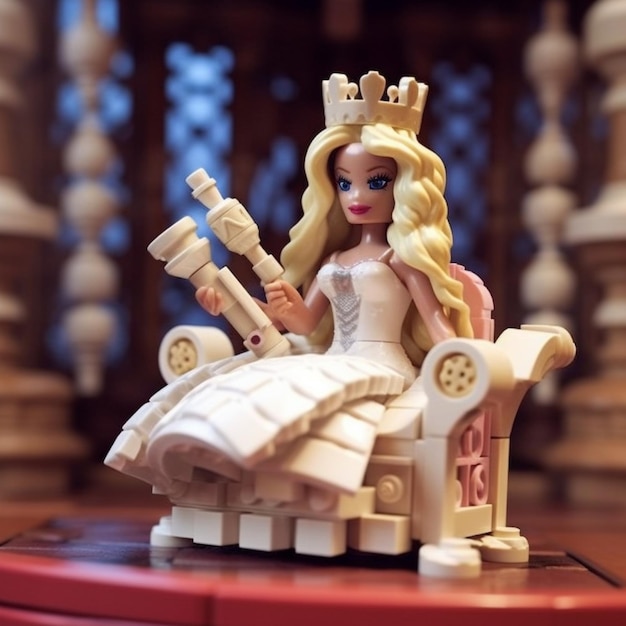 there is a toy doll sitting on a chair with a crown on it generative ai