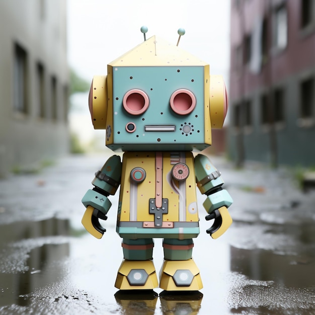 Photo there is a toy robot that is standing on a wet surface generative ai
