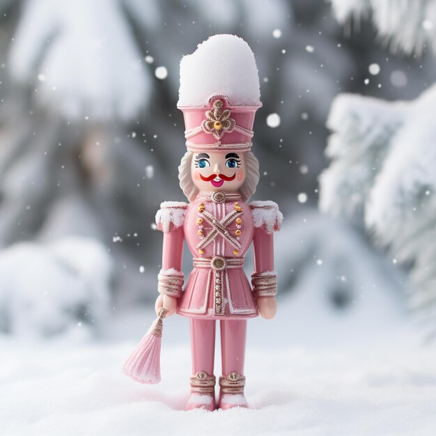 Photo there is a toy soldier in a pink outfit standing in the snow generative ai