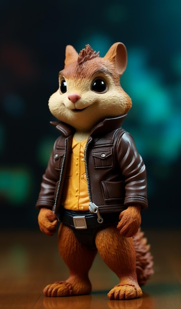 there is a toy squirrel wearing a leather jacket and a yellow shirt generative ai