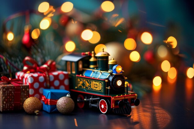 there is a toy train with gifts on a table generative ai