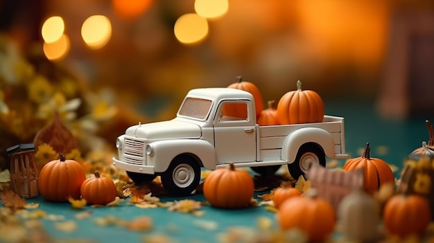 There is a toy truck with pumpkins in the back of it generative ai