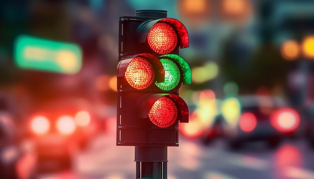 There is a traffic light that is red and green on the street generative ai