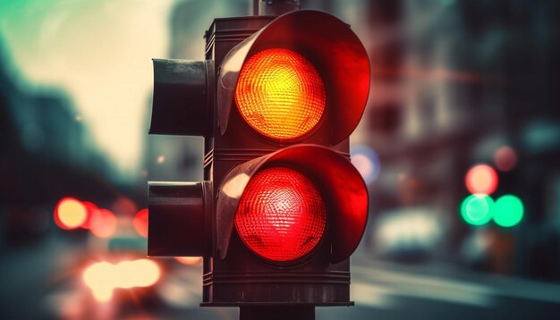 There is a traffic light that is red and yellow on the street generative ai