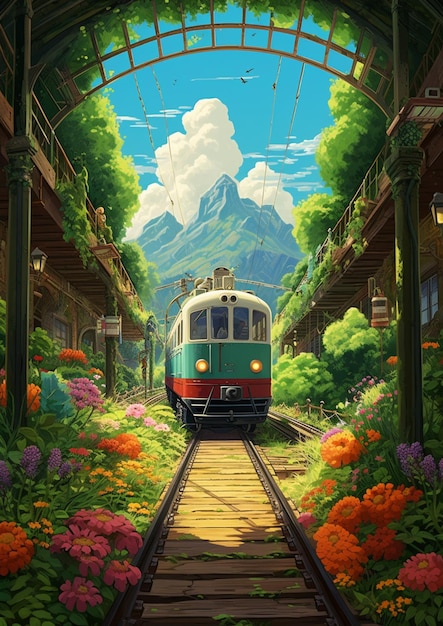 There is a train that is going through a tunnel of flowers generative ai