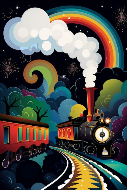 there is a train that is traveling down the tracks with a rainbow in the sky generative ai