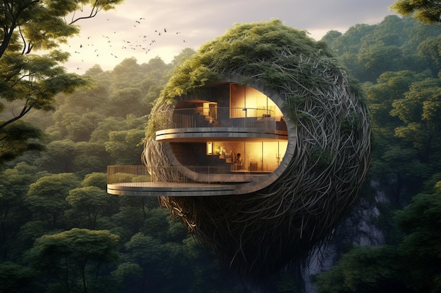 there is a tree house that is built into the side of a mountain generative ai