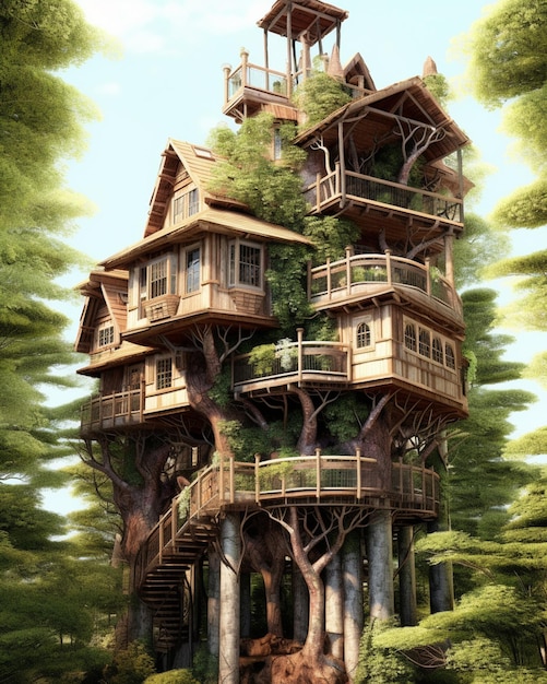 There is a tree house that is built into the trees generative ai