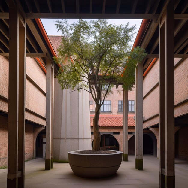 There is a tree in a pot in a courtyard of a building generative ai