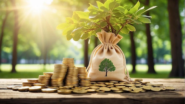 There is a tree sapling growing out of a pile of golden coins next to a bag with a tree printed on i