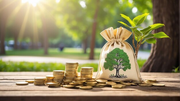 There is a tree sapling growing out of a pile of golden coins next to a bag with a tree printed on i