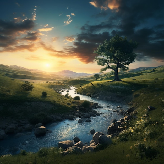 there is a tree that is standing on a hill by a river generative ai
