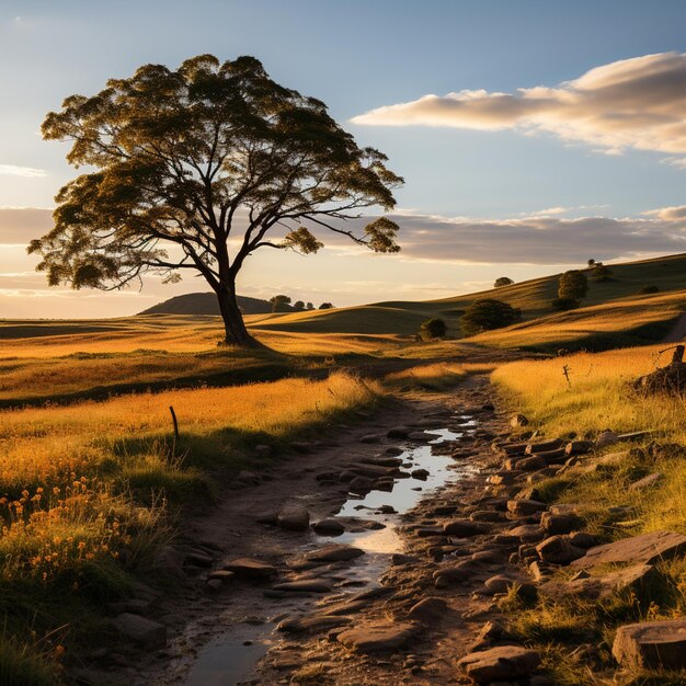 there is a tree that is standing in the middle of a field generative ai