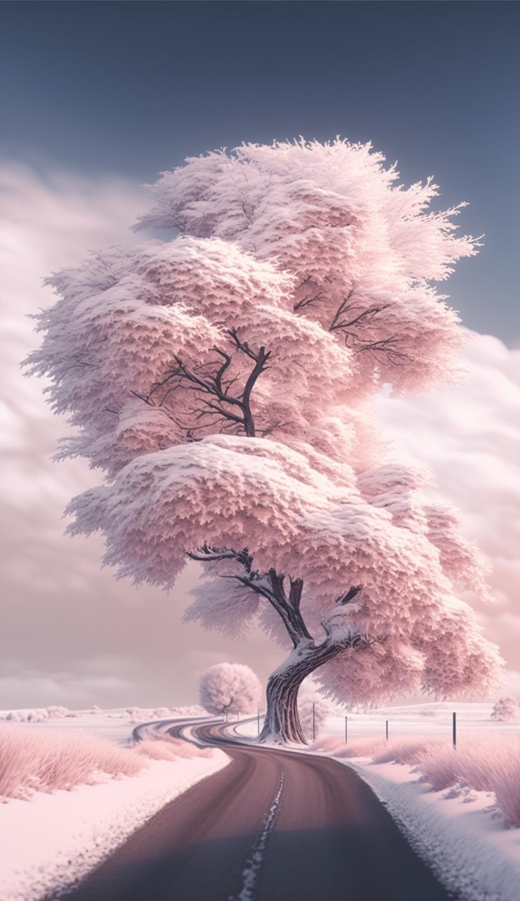 Photo there is a tree that is standing on the side of the road generative ai