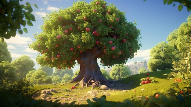there is a tree with apples growing on it in the middle of a field generative ai