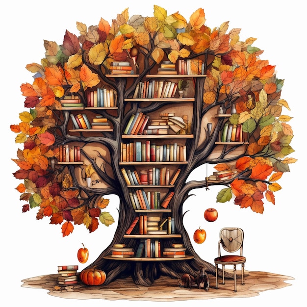 There is a tree with books and apples on it generative ai