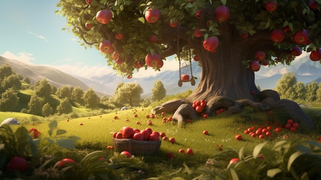 there is a tree with many apples on it in the grass generative ai