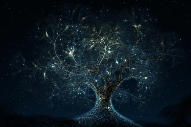 There is a tree with many branches and lights in the night sky generative ai