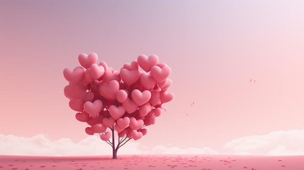 there is a tree with many pink balloons in the shape of hearts generative ai