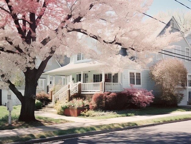 There is a tree with pink flowers in front of a house generative ai