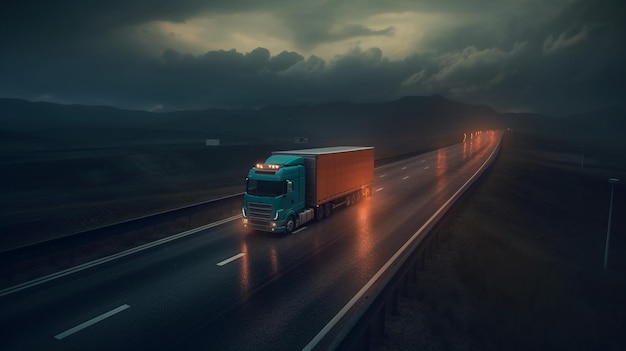 there is a truck that is driving down the road at night generative ai