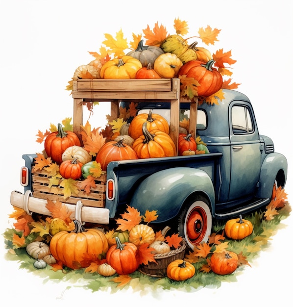 there is a truck with a crate of pumpkins on the back generative ai