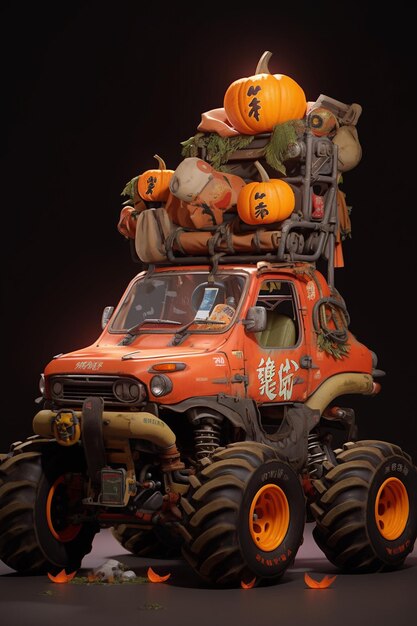 Photo there is a truck with a large pile of pumpkins on top generative ai