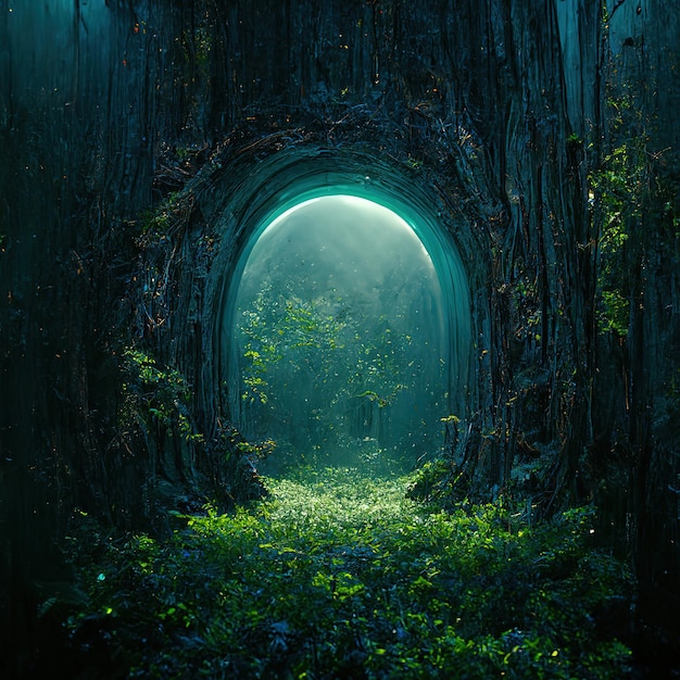 There is a tunnel in the dense green forest through the rock 3D illustration