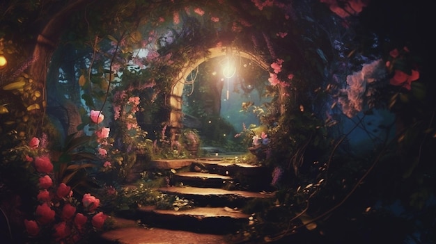 there is a tunnel with flowers and a pathway leading to it generative ai