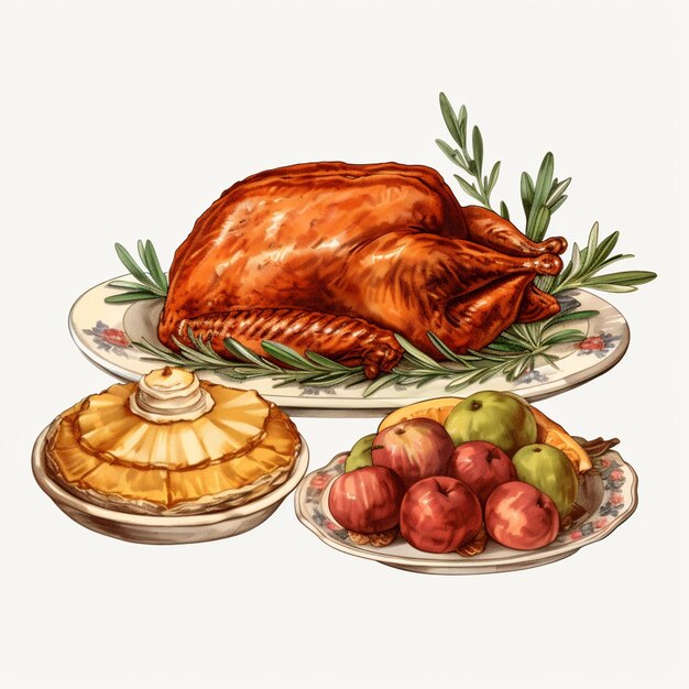 Photo there is a turkey on a platter with apples and a pie generative ai