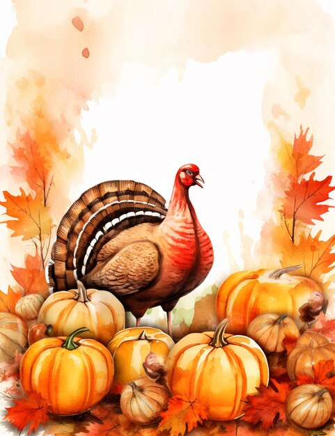 There is a turkey standing among pumpkins and gourds on the ground generative ai