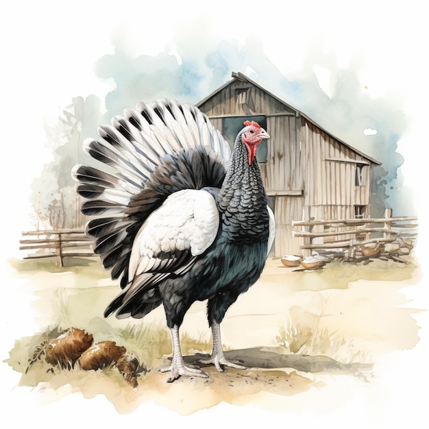 there is a turkey standing in front of a barn with a barn in the background generativ ai