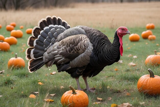 There is a turkey standing in the grass with a pumpkin generative ai