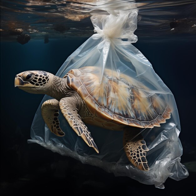 Photo there is a turtle on the bottom of the sea trapped in a plastic bag