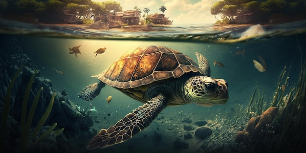 There is a turtle swimming in the ocean with a castle in the background generative ai