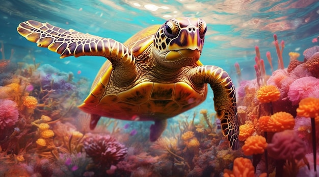 There is a turtle swimming in the ocean with corals generative ai