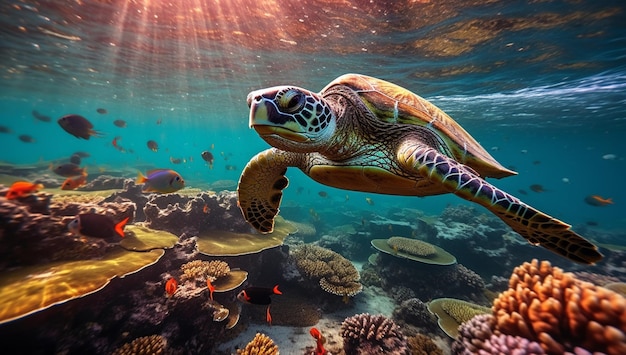 There is a turtle swimming in the ocean with many fish generative ai