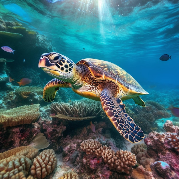 В океане плывут черепахи с большим количеством рыб.