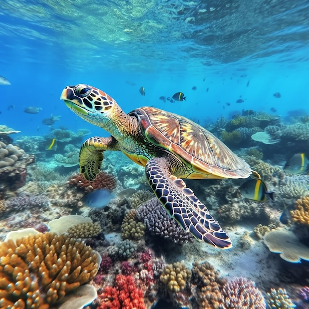 There is a turtle swimming in the ocean with many fish generative ai