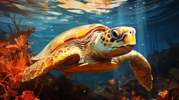 there is a turtle swimming in the water with a lot of coral generative ai