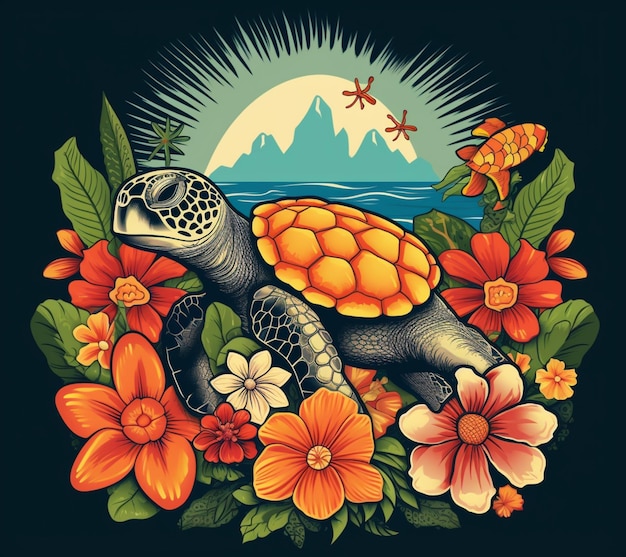 There is a turtle that is sitting in the flowers generative ai