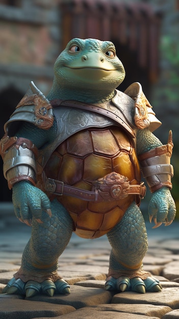 There is a turtle with armor on its back and a sword in its hand generative ai