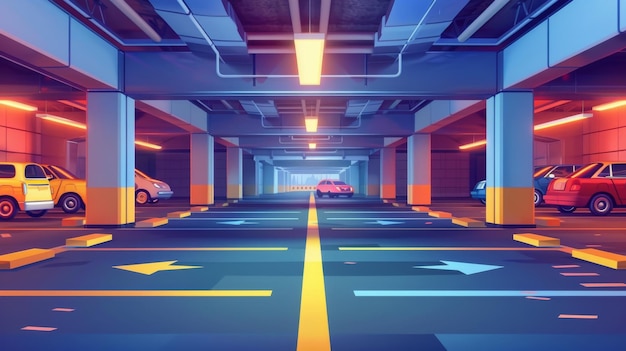 There is an underground car parking area with markings asphalt floor and columns Cars are parked on a street lot in a basement There is a public garage area with light and direction indications