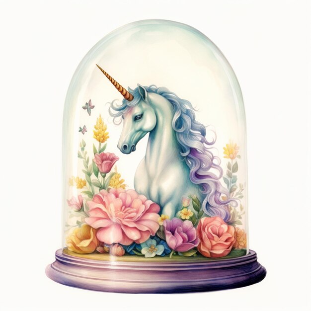 there is a unicorn in a glass dome with flowers and butterflies generative ai