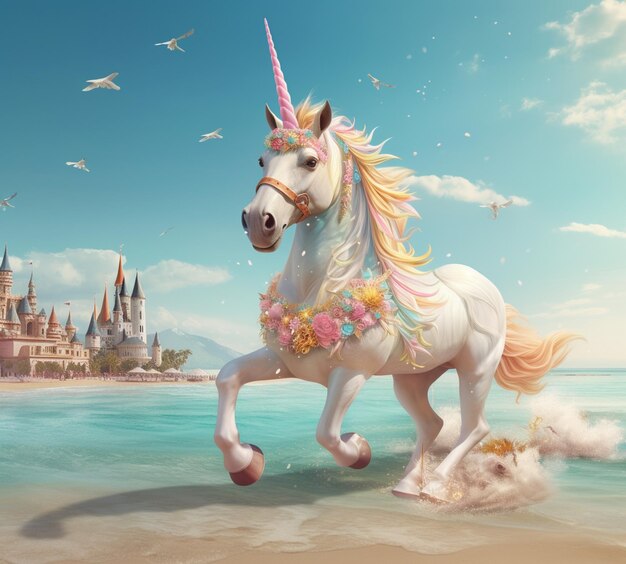 There is a unicorn running on the beach with a castle in the background generative ai