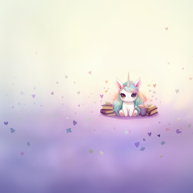 Photo there is a unicorn sitting on a log with hearts flying around generative ai